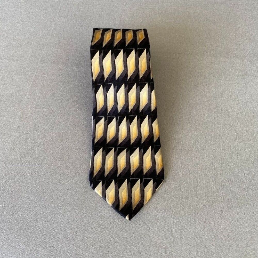 Vintage Giorgio Bissoni Silk Tie Geometric Black Gold Tan 52" Handmade 3"
